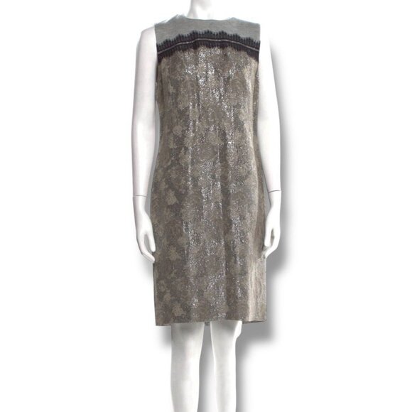 Tory Burch Wool Knee-Length Dress Gray Metallic Lace Trim Size 10 Large Cocktail - Picture 1 of 16